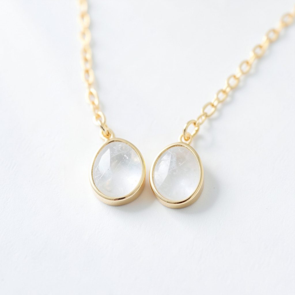 Photographie d'un collier double médaillon en pierre de lune doré à l'or, posé sur une surface claire et lumineuse