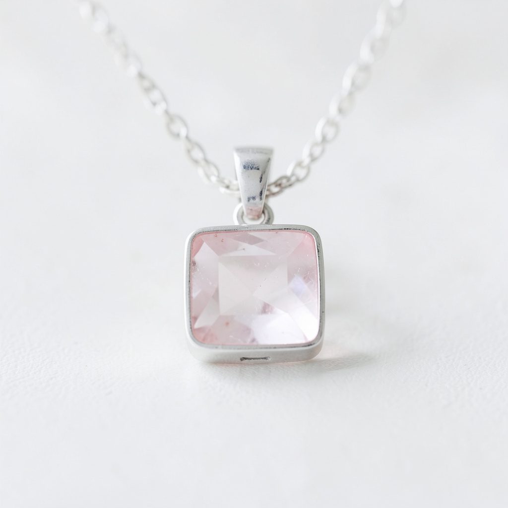 Pendentif en quartz rose carré serti d'argent rhodié, lumière douce et rosée sur fond crème