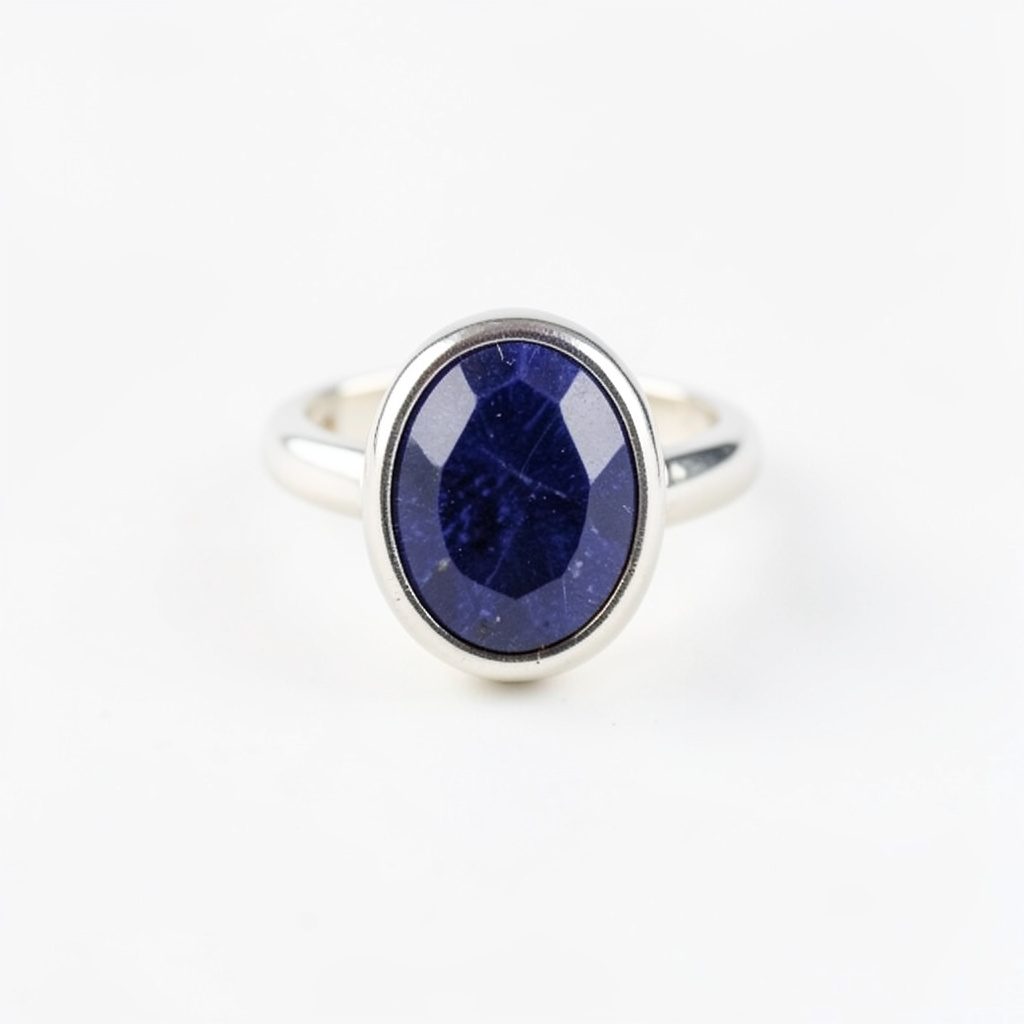 Gros plan lumineux d'une bague cabochon de lapis lazuli sertie sur un anneau d'argent rhodié, tons bleu profond et argent poli