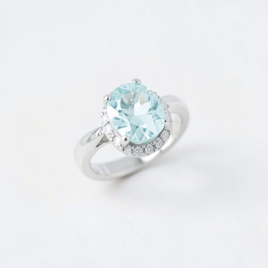 Bague de fiançailles à pierre d'aigue-marine épaulée de petits diamants sur anneau d'argent rhodié, photographie éclatante aux reflets bleu pastel